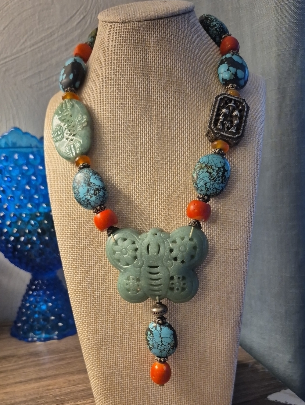 Vintage Tibetan Genuine Turquoise, Jadeite Coral Butterfly Necklace